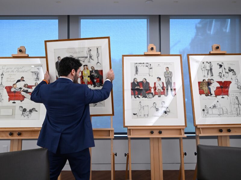 Norman Rockwell people-watched in the West Wing lobby. Now those sketches are on public display